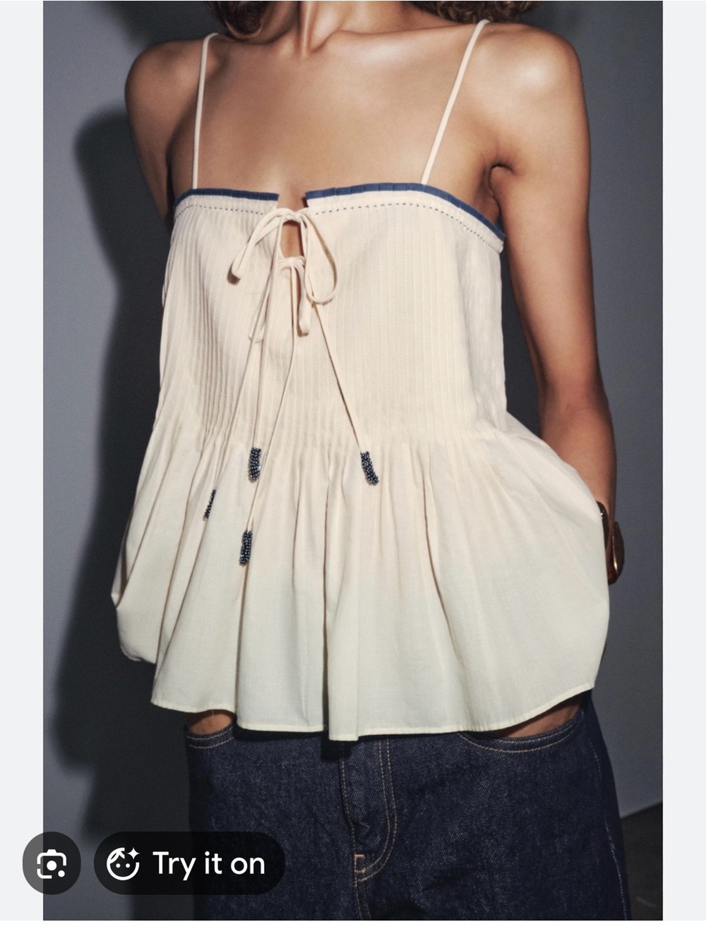 Zara Cream Top with Contrast Piping with Navy Trim ZW Collection XS